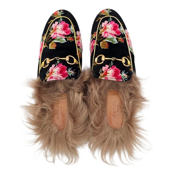 Gucci Princetown Horsebit Flat Slide Mule Fur Floral Black Velvet Size 38 US 8 - Picture 3 of 10